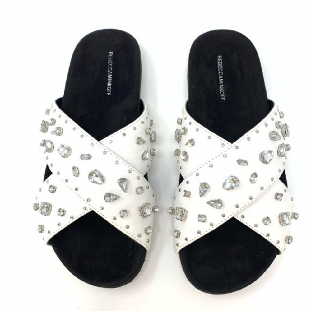 Rebecca Minkoff White Theo Jeweled Leather Slide Sandals